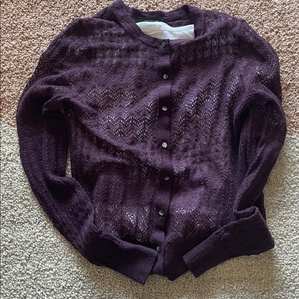 Feminine XS Fine Weave Aubergine Cardigan 43% Mohair Vintage 90s cottage